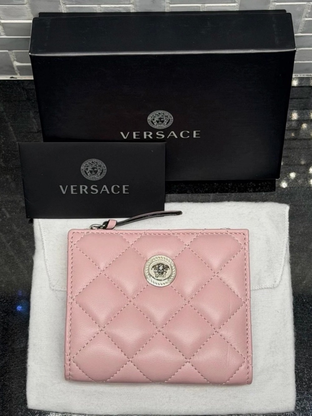 Versace La Medusa Quilted Leather Wallet Dusty Pink NEW Card Holder Coin Zip